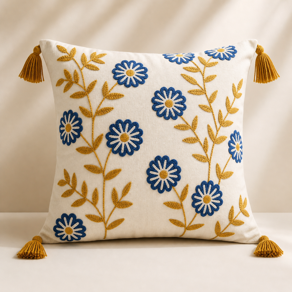 TheLitLoom Hand-Embroidered Floral Cushion Cover – Luxury Cotton Pillow with Tassels