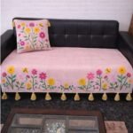 Pink Floral Sofa Cover Set with Cushion Cover & Tassels – Premium Cotton Blend Embroidered Sofa Throw for Living Room