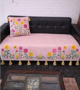 Pink floral sofa cover set with pastel pink base and matching cushion for 3-seater sofa.