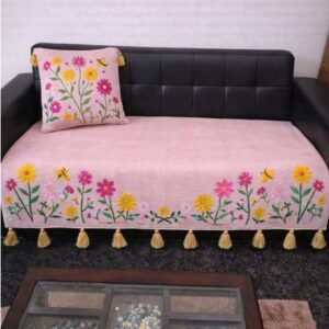 Pink floral sofa cover set with pastel pink base and matching cushion for 3-seater sofa.
