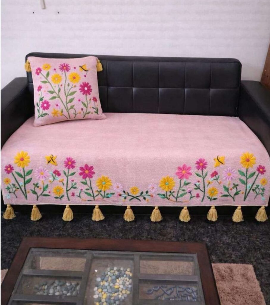 Pink Floral Sofa Cover Set with Cushion Cover & Tassels – Premium Cotton Blend Embroidered Sofa Throw for Living Room