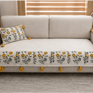 Beige Floral Sofa Cover with Mustard Embroidery and Tassels