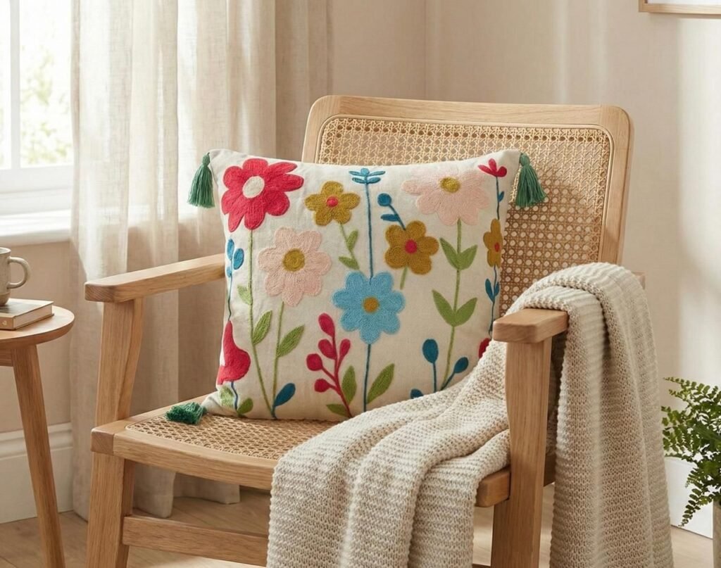 TheLitLoom Hand-Embroidered Floral Cushion Cover – Luxury Cotton Pillow with Tassels
