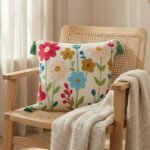 TheLitLoom Hand-Embroidered Floral Cushion Cover – Luxury Cotton Pillow with Tassels