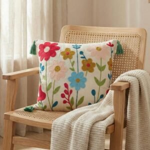 TheLitLoom Hand-Embroidered Floral Cushion Cover – Luxury Cotton Pillow with Tassels