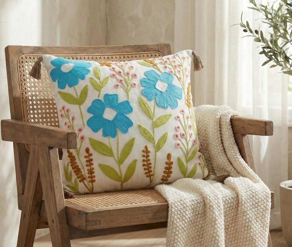 TheLitLoom Hand-Embroidered Floral Cushion Cover – Luxury Cotton Pillow with Tassels