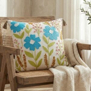 TheLitLoom Hand-Embroidered Floral Cushion Cover – Luxury Cotton Pillow with Tassels