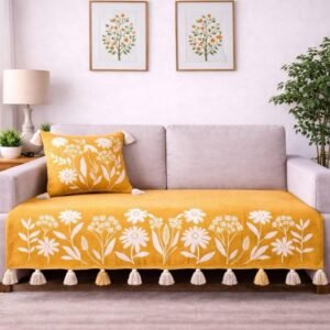 Mustard Floral Sofa Cover with White Embroidery and Tassels
