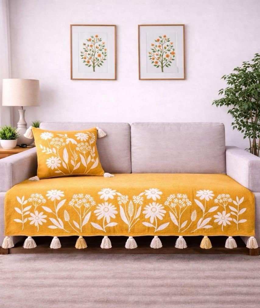 Mustard Yellow Floral Embroidered Sofa Cover with Tassels – Premium Slub Cotton Runner