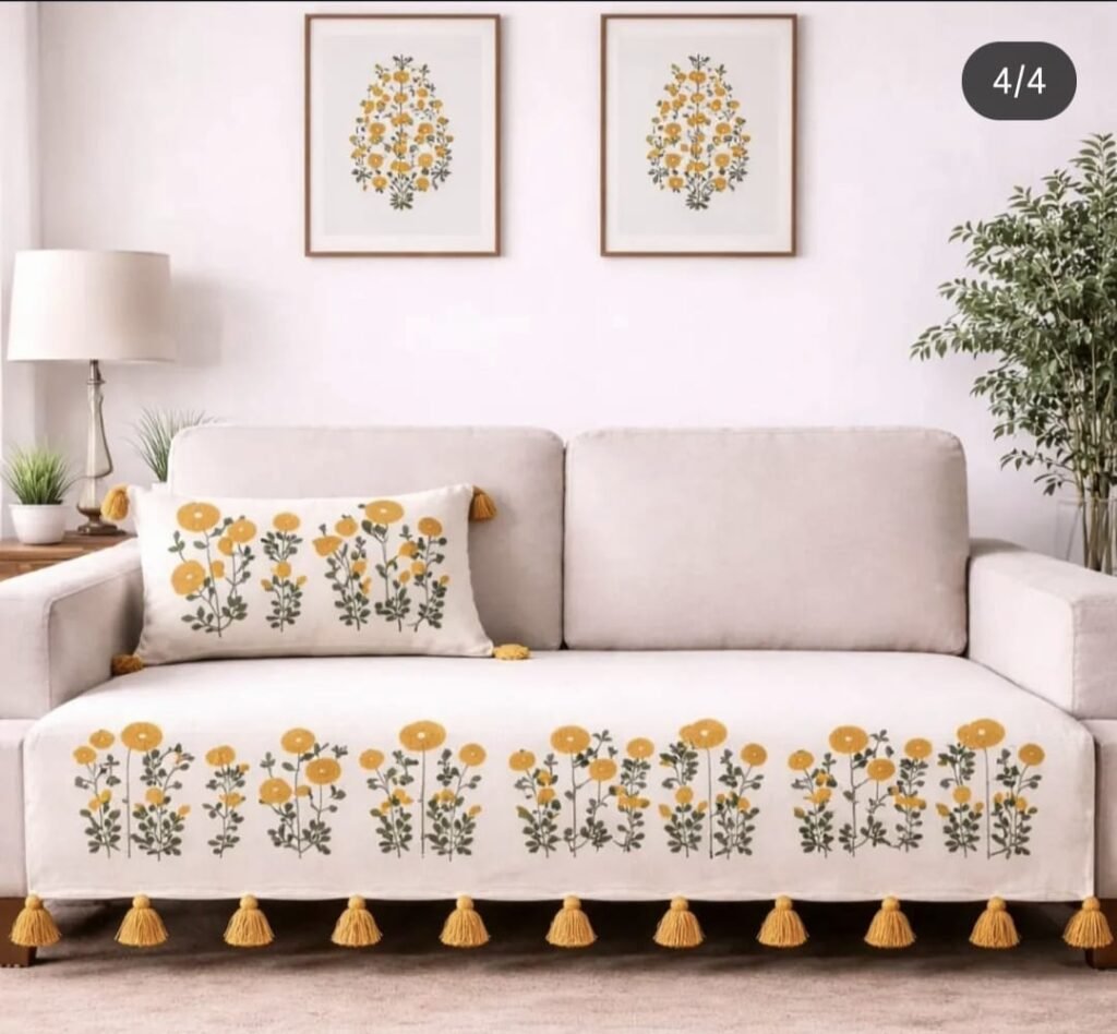 Embroidered Sofa Runner/cover in Multicolour Design with Tassels edging – Premium Slub Cotton Sofa Throw for Living Room (Copy) (Copy) (Copy)