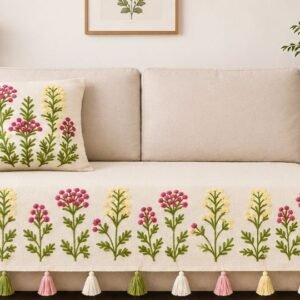 Embroidered Sofa Runner/cover in Multicolour Design with Tassels edging – Premium Slub Cotton Sofa Throw for Living Room