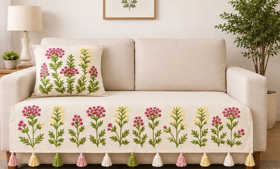 Embroidered Sofa Runner/cover in Multicolour Design with Tassels edging – Premium Slub Cotton Sofa Throw for Living Room (Copy)