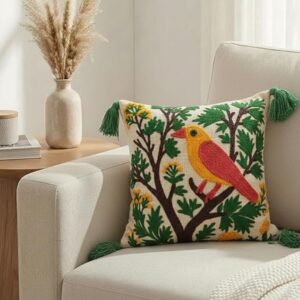 Boho Bird Embroidered Cushion Cover with Tassels – Nature Inspired Decorative Throw Pillow