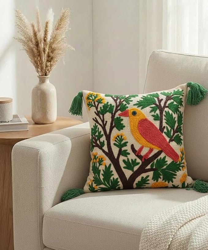 Boho Bird Embroidered Cushion Cover with Tassels – Nature Inspired Decorative Throw Pillow