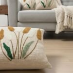 Boho Pampas Grass Embroidered Cushion Cover – Minimal Botanical Throw Pillow