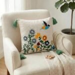 Boho Floral Bird Embroidered Cushion Cover with Tassels – Decorative Throw Pillow