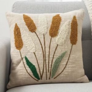 Boho Pampas Grass Embroidered Cushion Cover – Minimal Botanical Throw Pillow