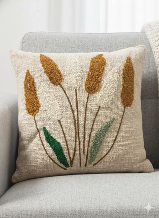 Boho Pampas Grass Embroidered Cushion Cover – Minimal Botanical Throw Pillow