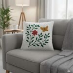 Minimal Floral Butterfly Embroidered Cushion Cover – White Botanical Throw Pillow