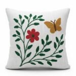 Minimal Floral Butterfly Embroidered Cushion Cover – White Botanical Throw Pillow