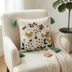 Embroidered Slub Cotton Cushion Cover with Tassels for Sofa & Living Room