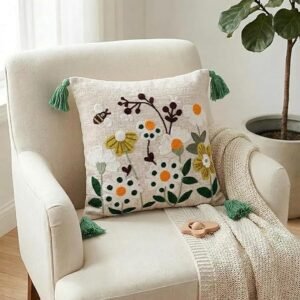 Embroidered Slub Cotton Cushion Cover with Tassels for Sofa & Living Room