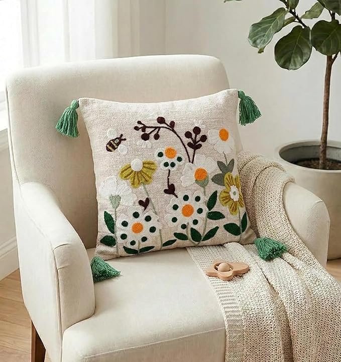 Embroidered Slub Cotton Cushion Cover with Tassels for Sofa & Living Room