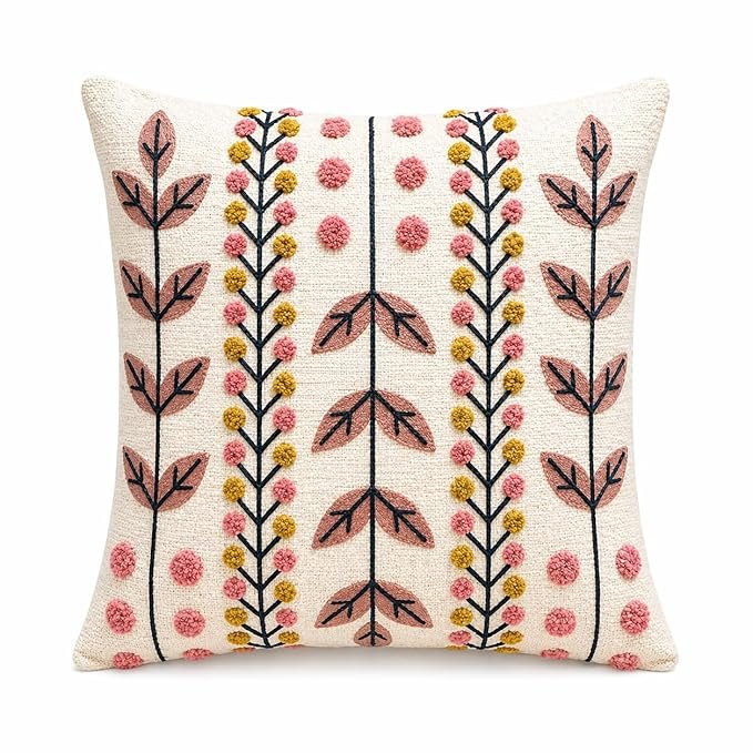 Modern Botanical Embroidered Cushion Cover – Minimal Boho Decorative Throw Pillow