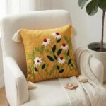Rustic Daisy Embroidered Tassel Cushion Cover – Mustard Yellow Boho Throw Pillow