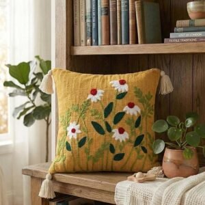 Rustic Daisy Embroidered Tassel Cushion Cover – Mustard Yellow Boho Throw Pillow