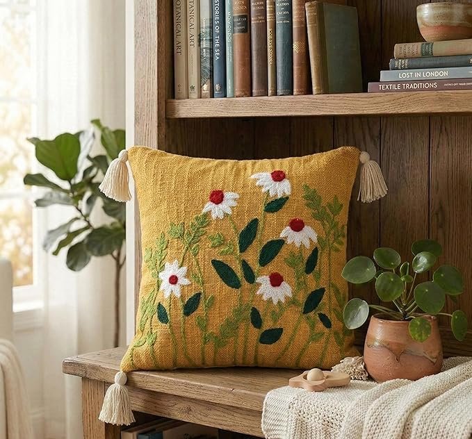 Rustic Daisy Embroidered Tassel Cushion Cover – Mustard Yellow Boho Throw Pillow