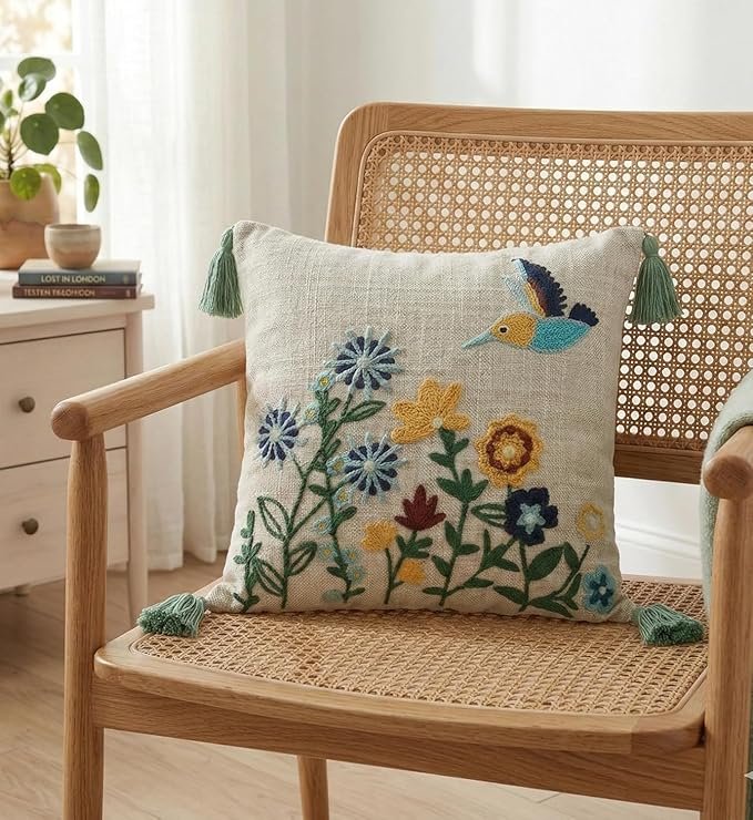 Boho Floral Bird Embroidered Cushion Cover with Tassels – Decorative Throw Pillow