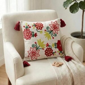 Elegant Floral Embroidered Cushion Cover with Tassels – Boho Decorative Throw Pillow