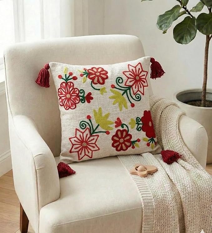 Elegant Floral Embroidered Cushion Cover with Tassels – Boho Decorative Throw Pillow