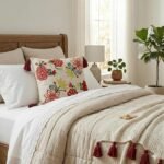 Elegant Floral Embroidered Cushion Cover with Tassels – Boho Decorative Throw Pillow