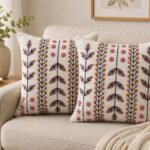 Modern Botanical Embroidered Cushion Cover – Minimal Boho Decorative Throw Pillow