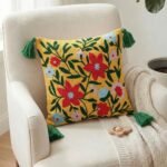 Boho Floral Embroidered Tassel Cushion Cover – Yellow Decorative Throw Pillow Cover