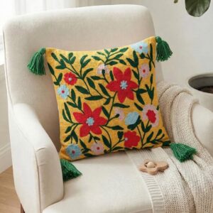 Boho Floral Embroidered Tassel Cushion Cover – Yellow Decorative Throw Pillow Cover