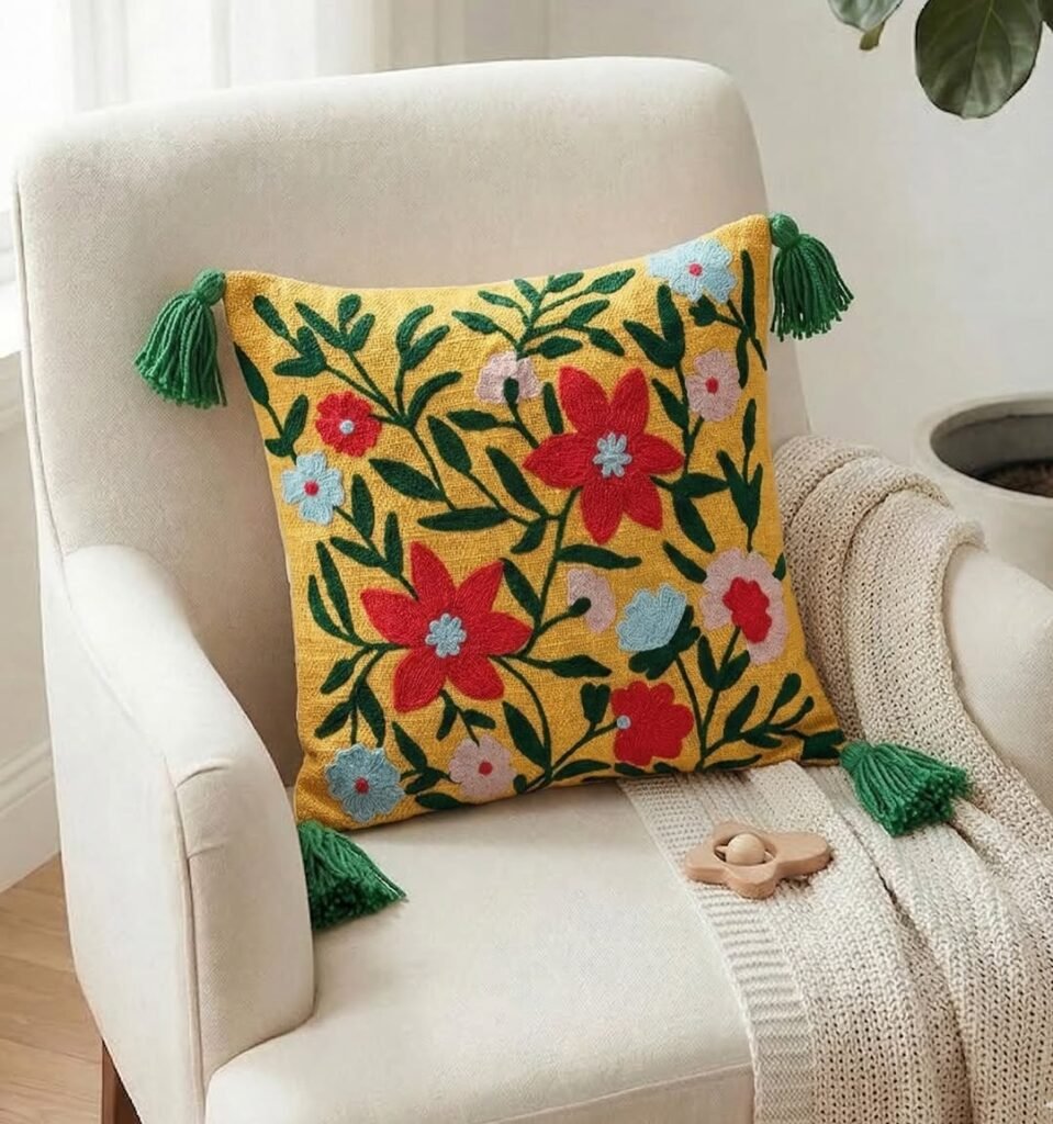 Boho Floral Embroidered Tassel Cushion Cover – Yellow Decorative Throw Pillow Cover