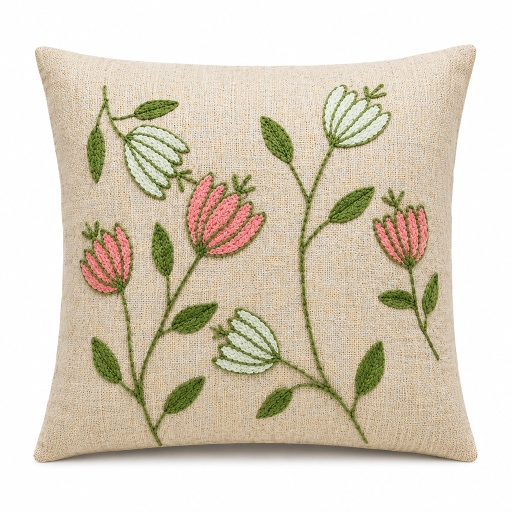 Luxury Decorative Cushion Cover with Elegant Floral Embroidery