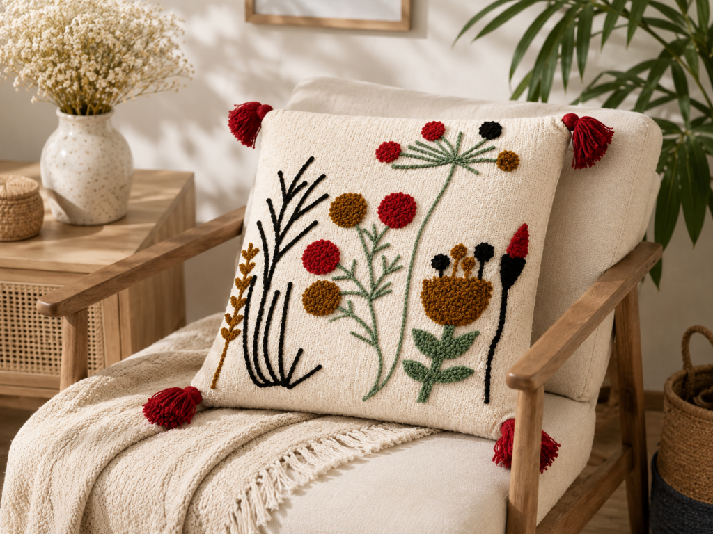 Handmade Floral Embroidered Cushion Cover with Decorative Tassels