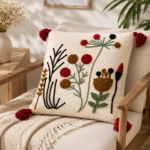 Handmade Floral Embroidered Cushion Cover with Decorative Tassels