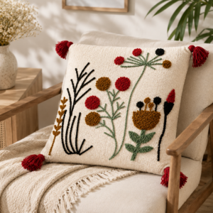 Handmade Floral Embroidered Cushion Cover with Decorative Tassels