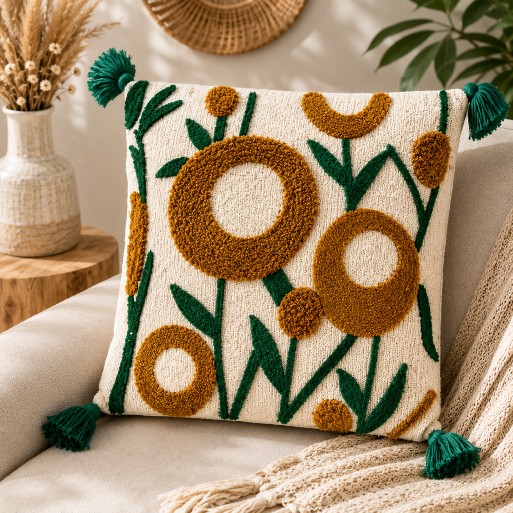 Modern Abstract Floral Tufted Cushion Cover with Tassels – Boho Decorative Throw Pillow