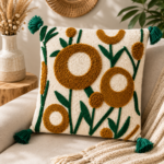 Modern Abstract Floral Tufted Cushion Cover with Tassels – Boho Decorative Throw Pillow