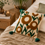 Modern Abstract Floral Tufted Cushion Cover with Tassels – Boho Decorative Throw Pillow