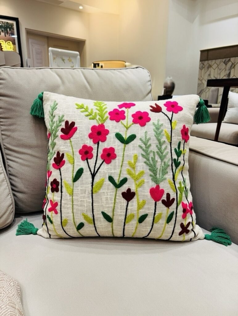 Premium Handmade Embroidered Cushion Cover – Modern Floral Tufted Throw Pillow Cover for Sofa & Living Room