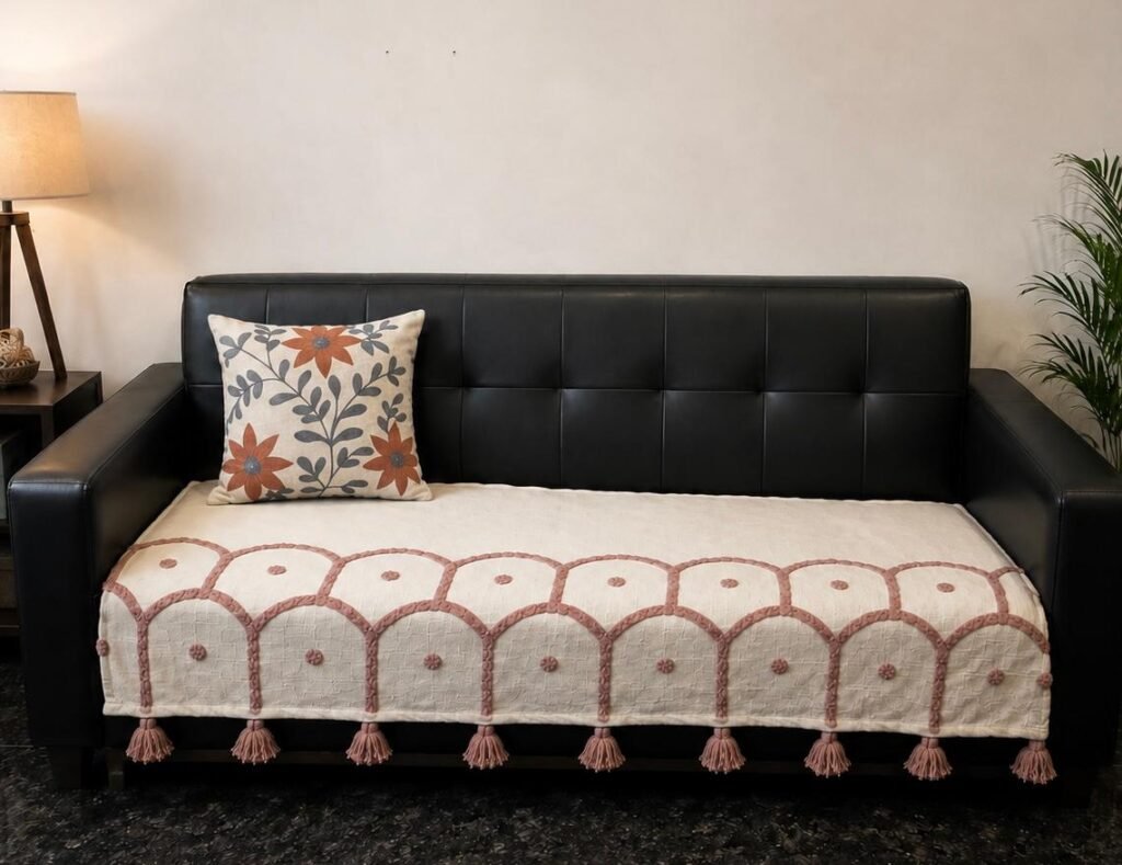 Elegant Boho Sofa Runner with Tassels – Embroidered Slub Cotton Sofa Cover for 1, 2 & 3 Seater Sofas