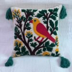 Boho Bird Embroidered Cushion Cover with Tassels – Nature Inspired Decorative Throw Pillow