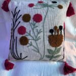 Handmade Floral Embroidered Cushion Cover with Decorative Tassels